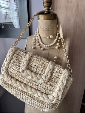 Madison West Raffia Woven Shoulder Bag Chain Strap Coastal Resort